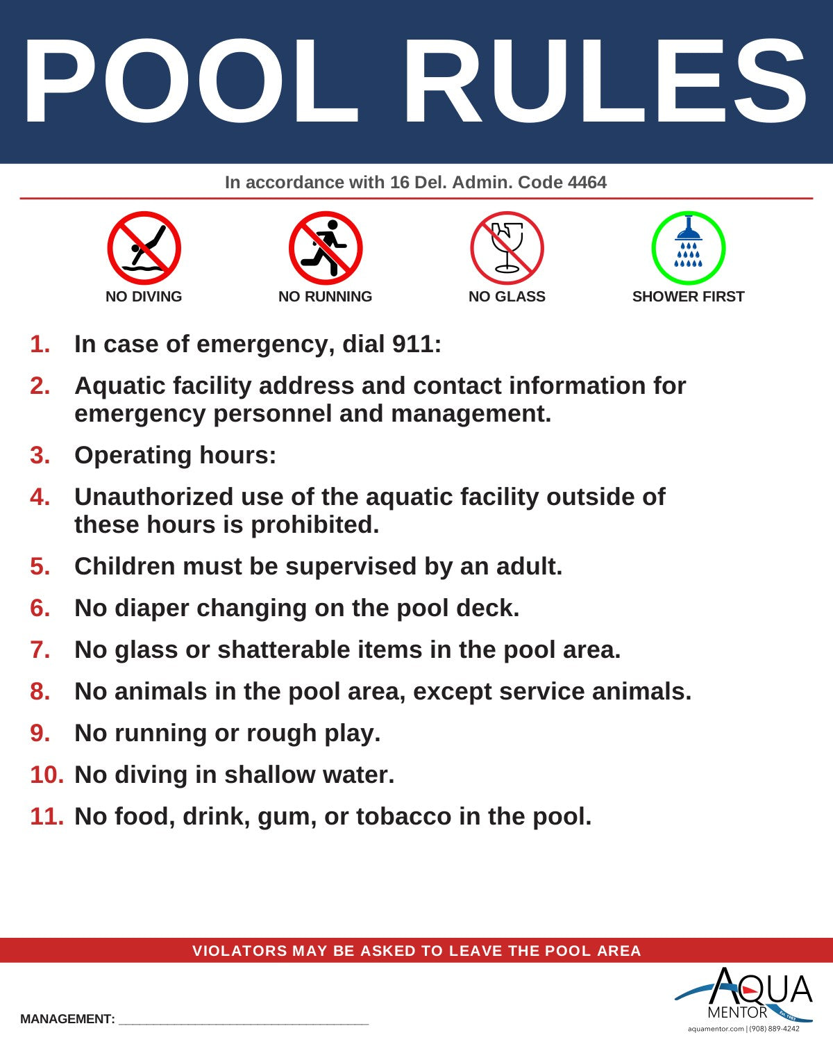 DELAWARE Pool Rules Sign - 16 Del. Admin. Code 4464 (Public Swimming Pools)