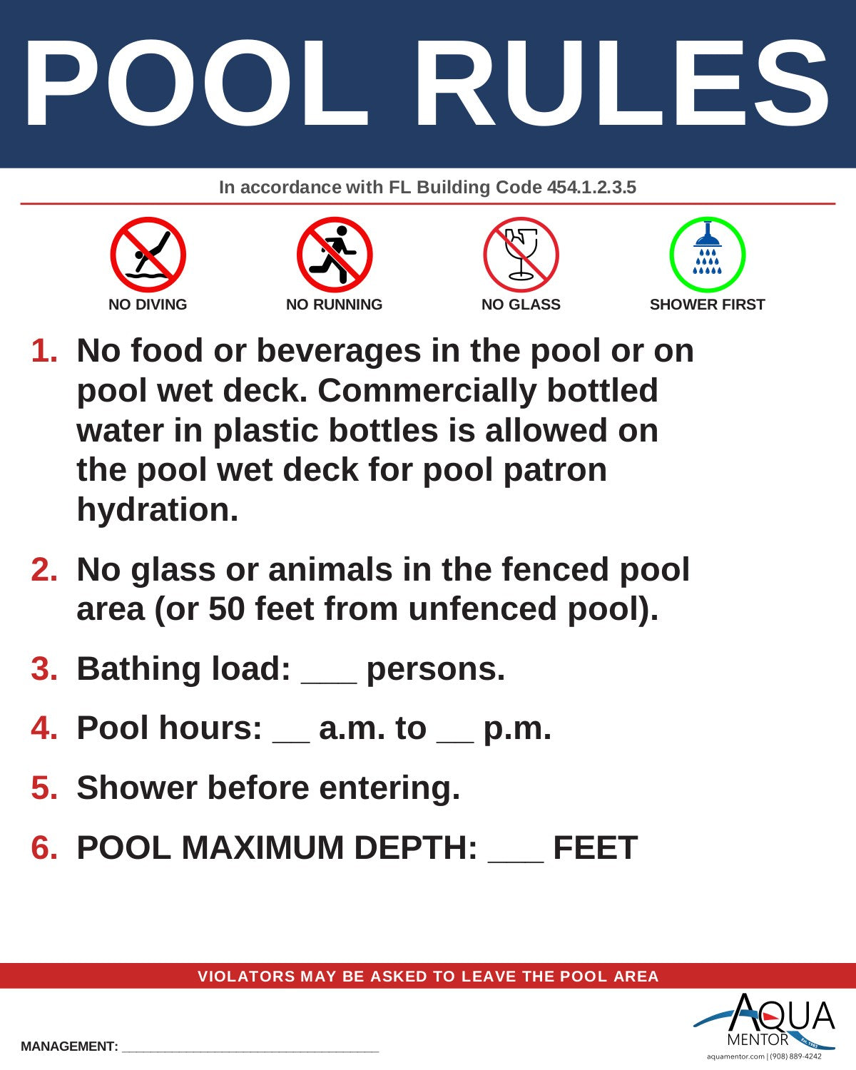 FLORIDA Pool Rules Sign - Florida Building Code 2023 Section 454.1.2.3.5; FAC 64E-9.004, 64E-9.008