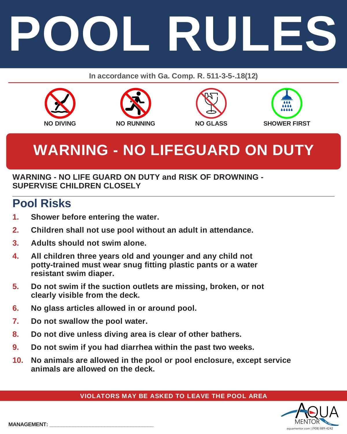 GEORGIA Pool Rules Sign - Ga. Comp. R. & Regs. 511-3-5-.18