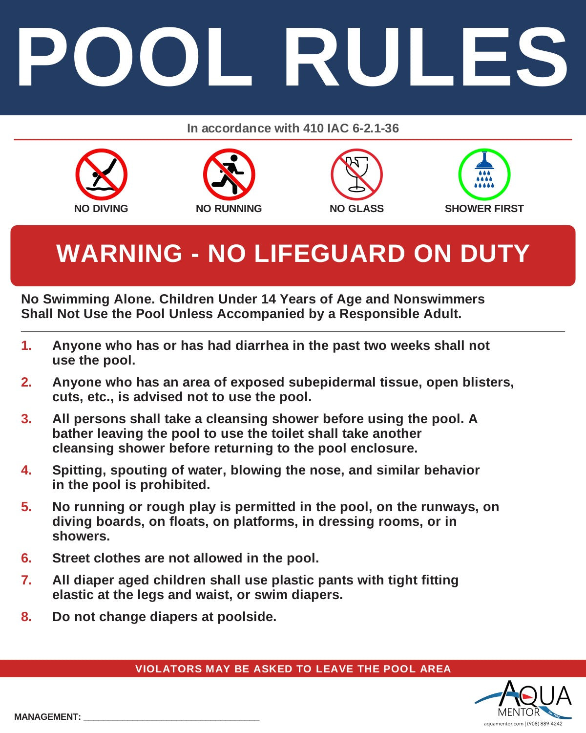 INDIANA Pool Rules Sign - 410 IAC 6-2.1-36 Warning Signs