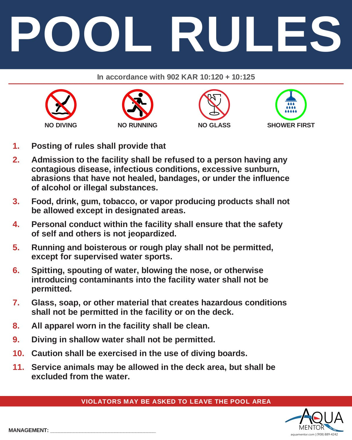 KENTUCKY Pool Rules Sign - 902 KAR 10:120 §12 + 902 KAR 10:125 §2(6)