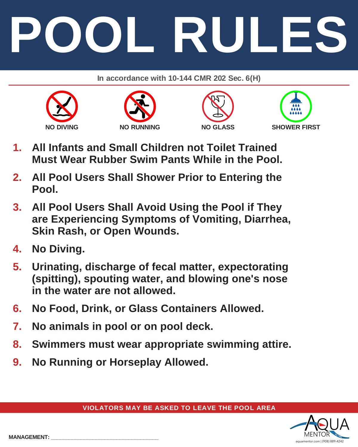 MAINE Pool Rules Sign - 10-144 CMR Ch. 202, Section 6(H)