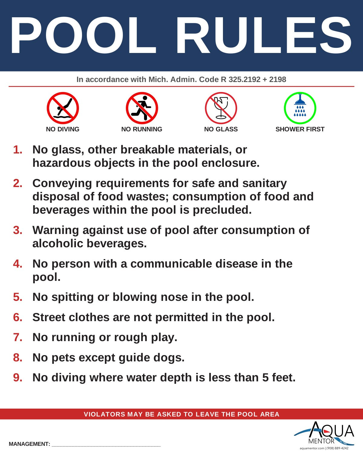 MICHIGAN Pool Rules Sign - Mich. Admin. Code R 325.2192 + R 325.2198