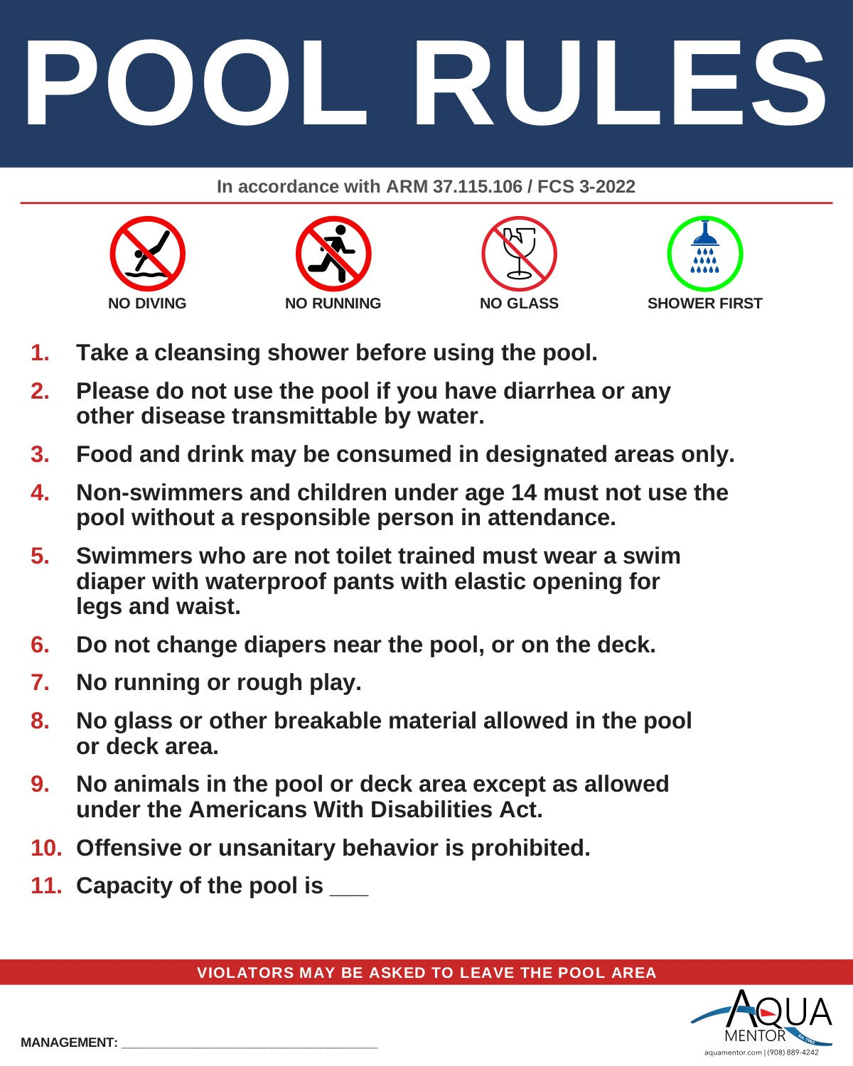 MONTANA Pool Rules Sign - ARM 37.115.106 / Circular FCS 3-2022 Ch. 8 Safety Signs