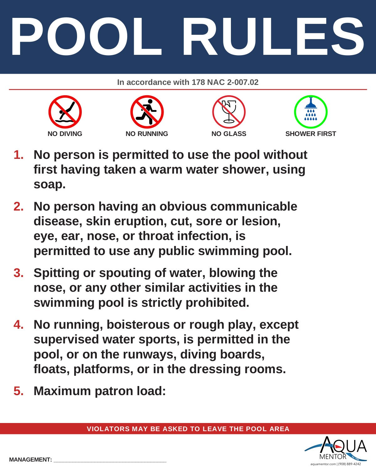 NEBRASKA Pool Rules Sign - 178 NAC 2-007.02 (Public Swimming Pools)