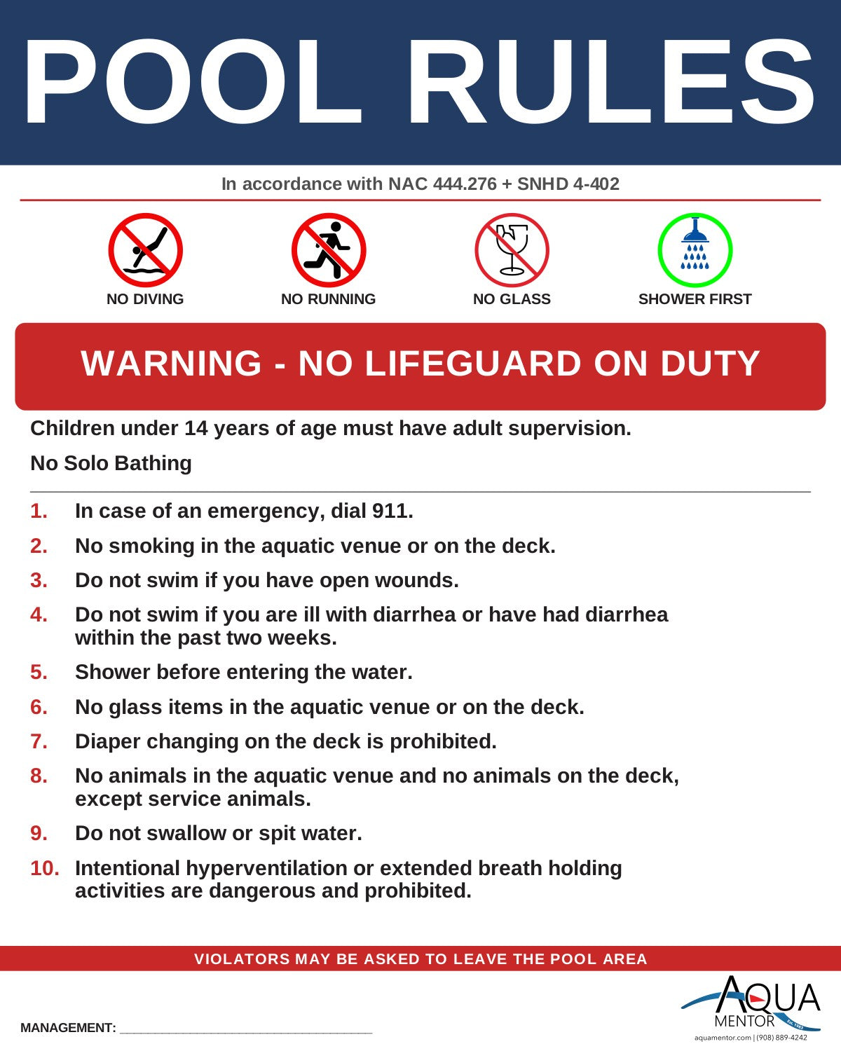 NEVADA Pool Rules Sign - NAC 444.276 + SNHD 4-402.2