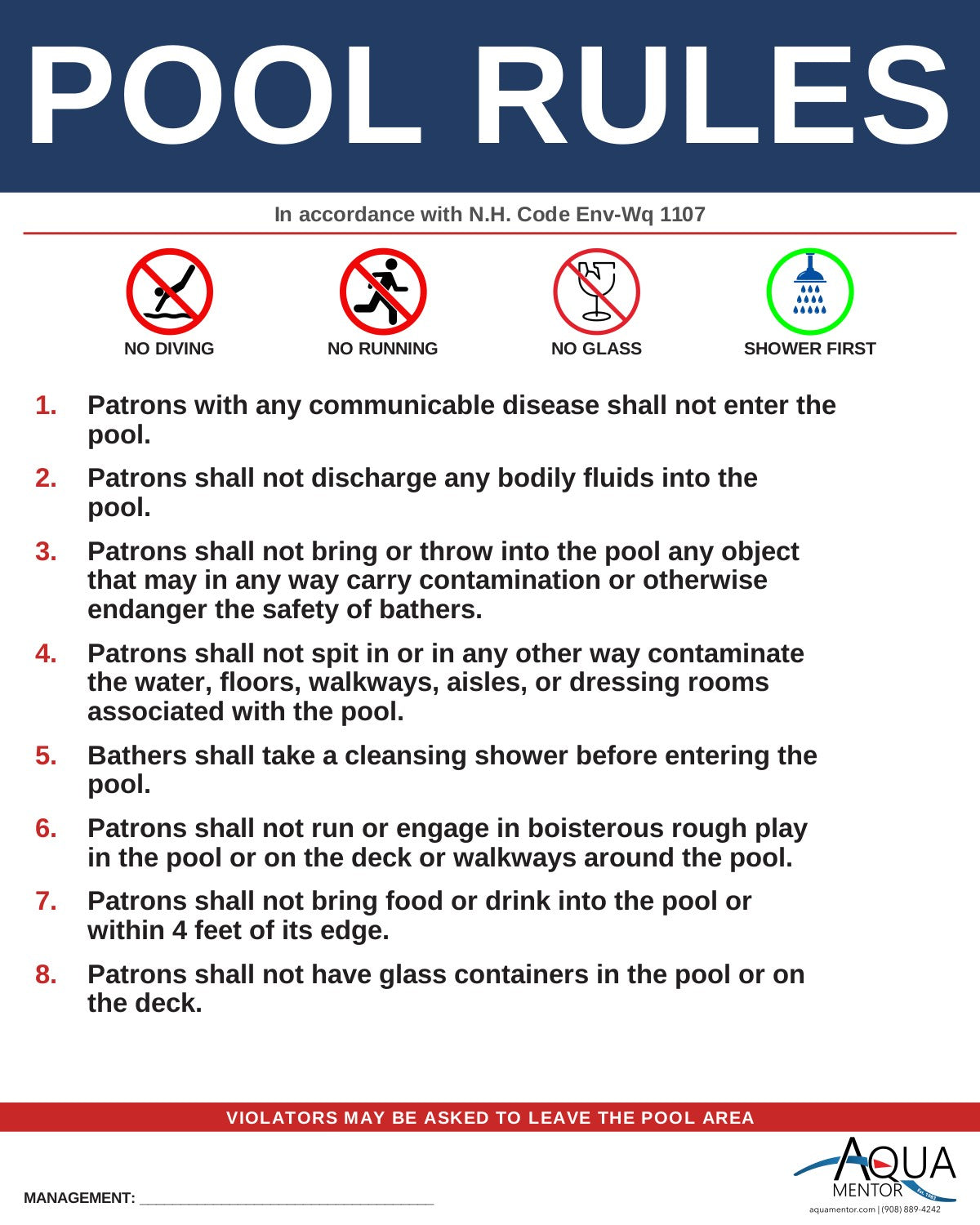 NEW HAMPSHIRE Pool Rules Sign - N.H. Code Admin. R. Env-Wq 1107.02 + 1107.04