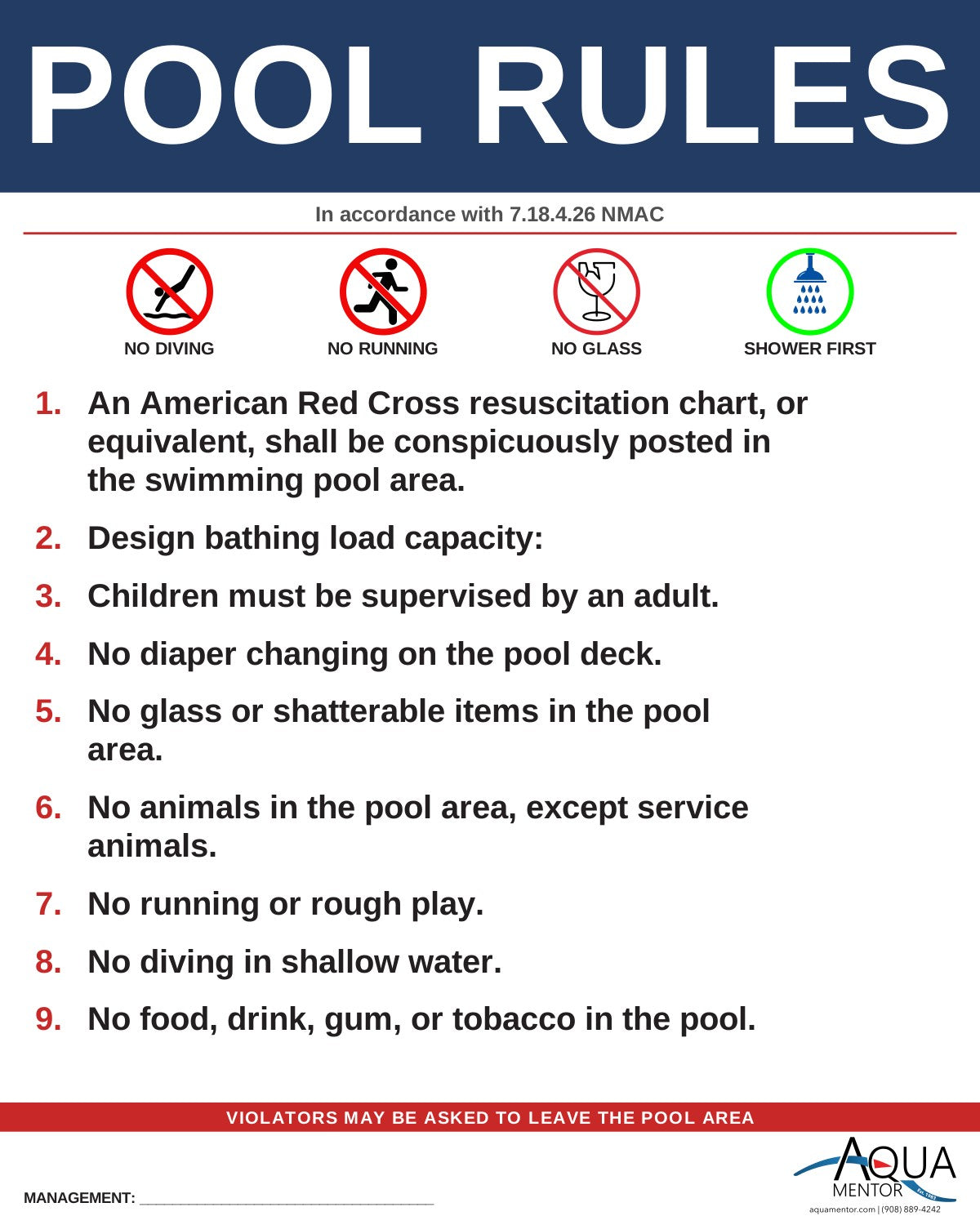 NEW MEXICO Pool Rules Sign - 7.18.4.26 NMAC Required Signs
