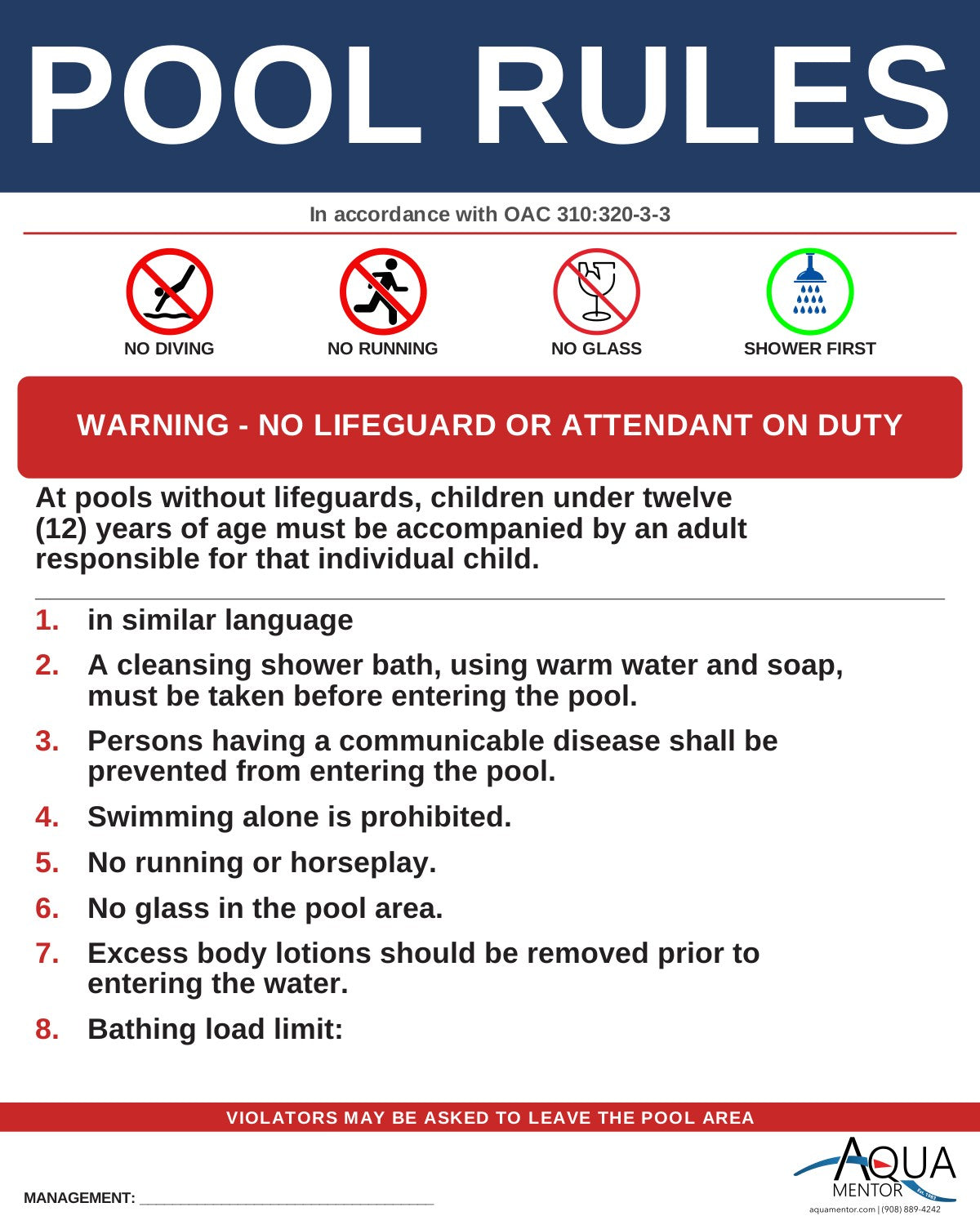 OKLAHOMA Pool Rules Sign - OAC 310:320-3-3 + 310:320-3-2