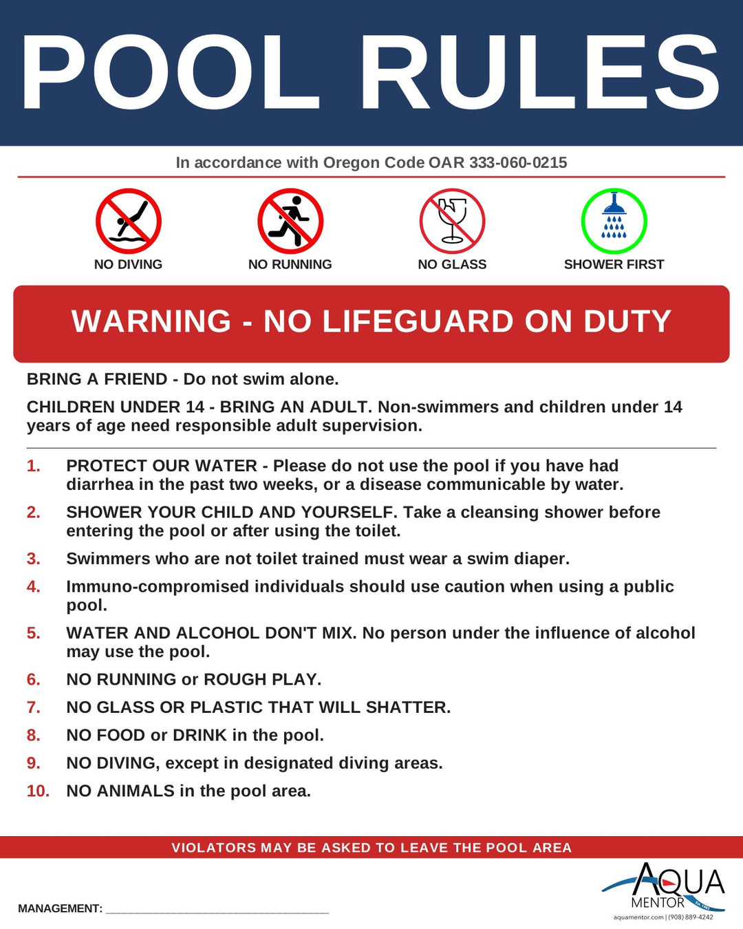 Oregon Pool Rules Sign | Code-Compliant Safety Signage | Aquamentor