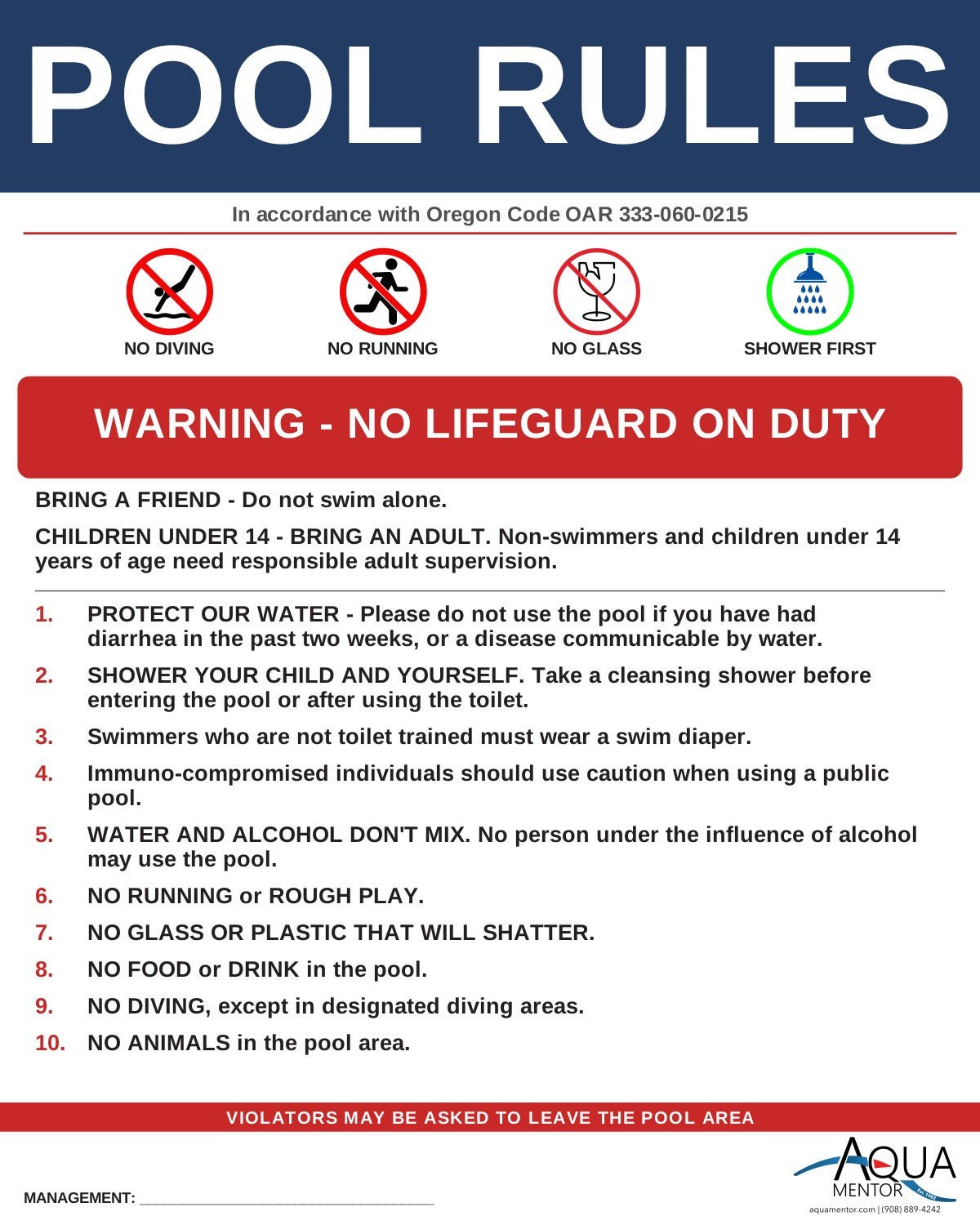 Oregon Pool Rules Sign - OAR 333-060-0215 compliant
