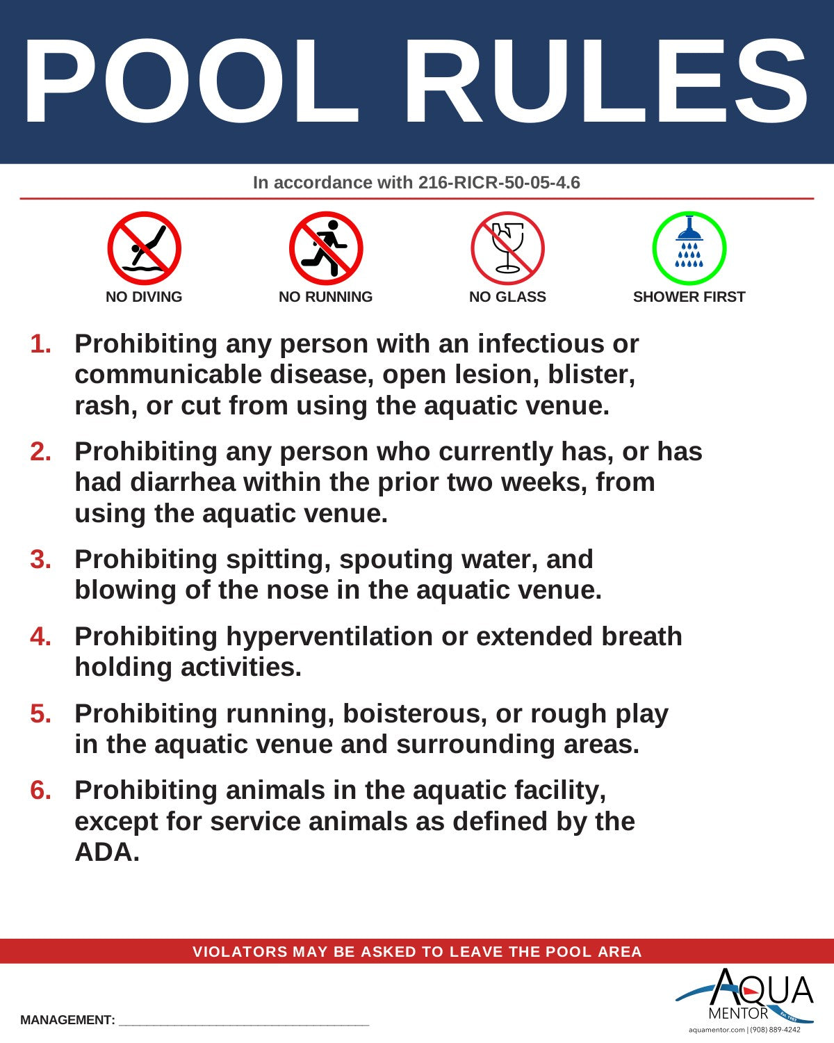 RHODE ISLAND Pool Rules Sign - 216-RICR-50-05-4.6 Aquatic Facilities