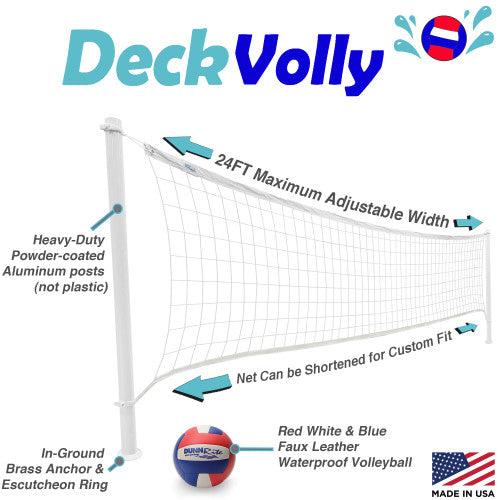 DeckVolly Deck-Mounted Pool Volleyball Net, White (2 & 3/8