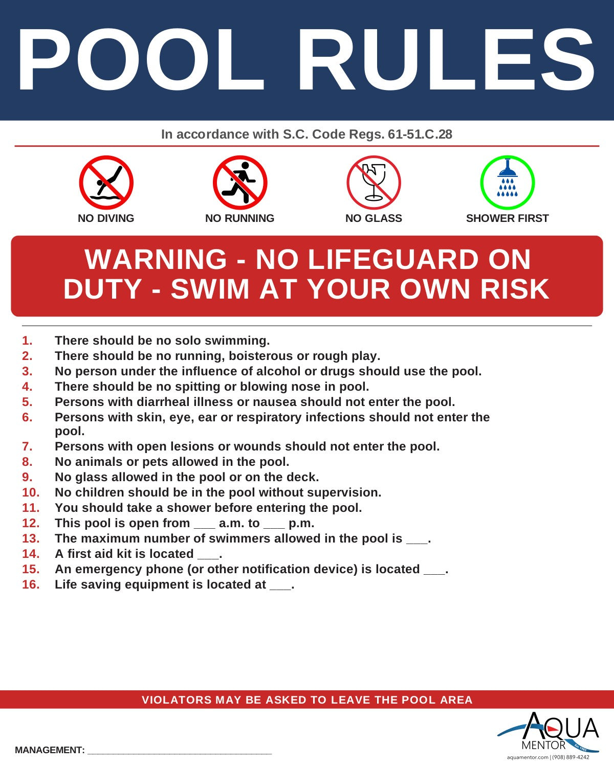 SOUTH CAROLINA Pool Rules Sign - S.C. Code Regs. R.61-51 Section C.28 Signs