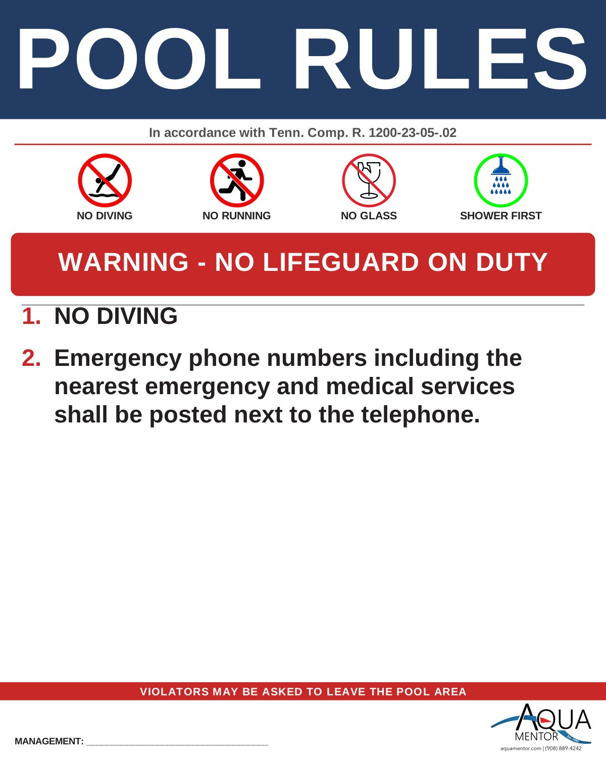 TENNESSEE Pool Rules Sign - Tenn. Comp. R. & Regs. 1200-23-05-.02