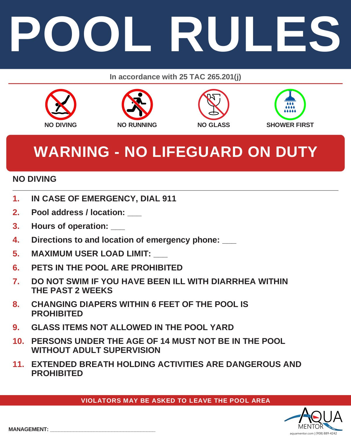 TEXAS Pool Rules Sign - 25 TAC 265.201(j)