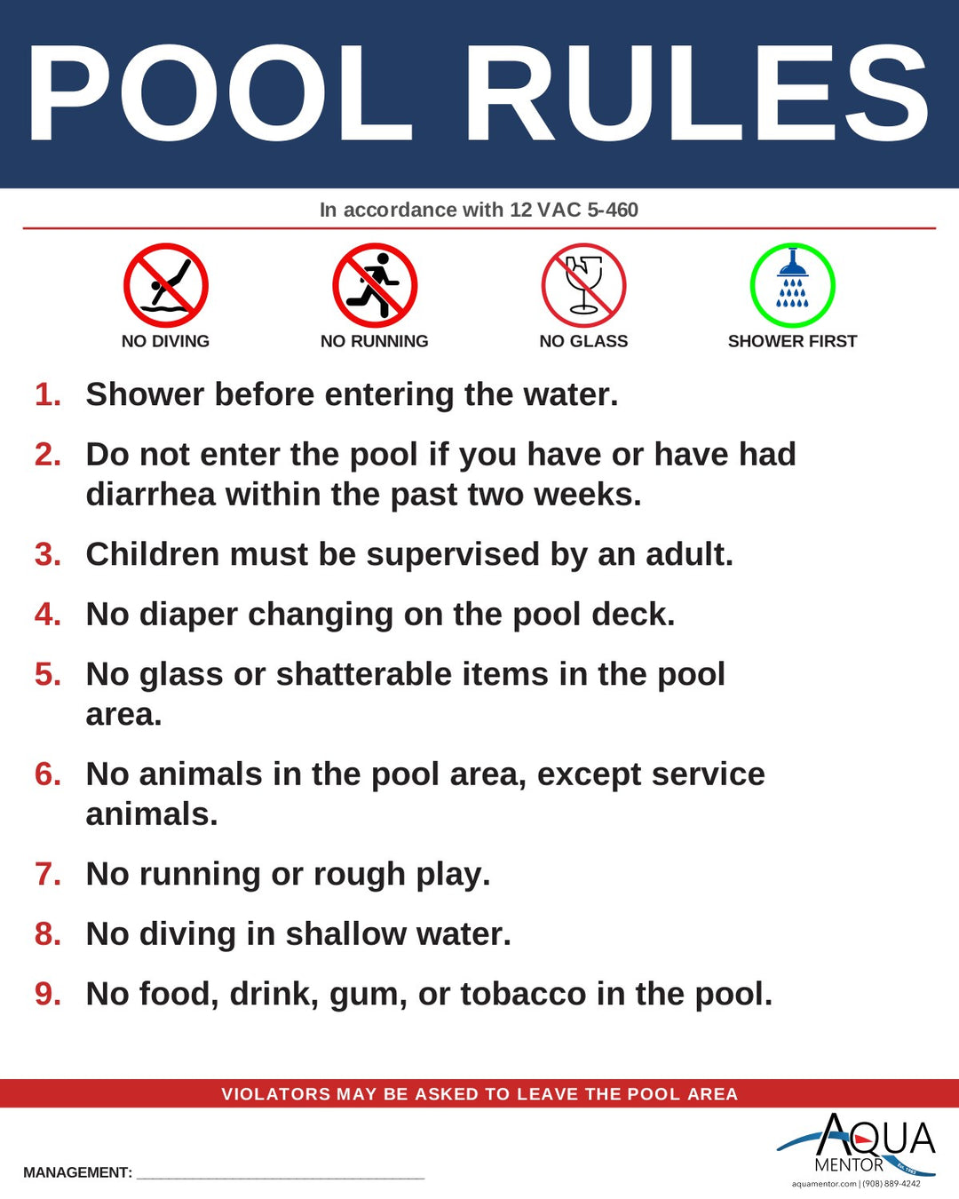 Virginia Pool Rules Sign | Code-Compliant Safety Signage | Aquamentor