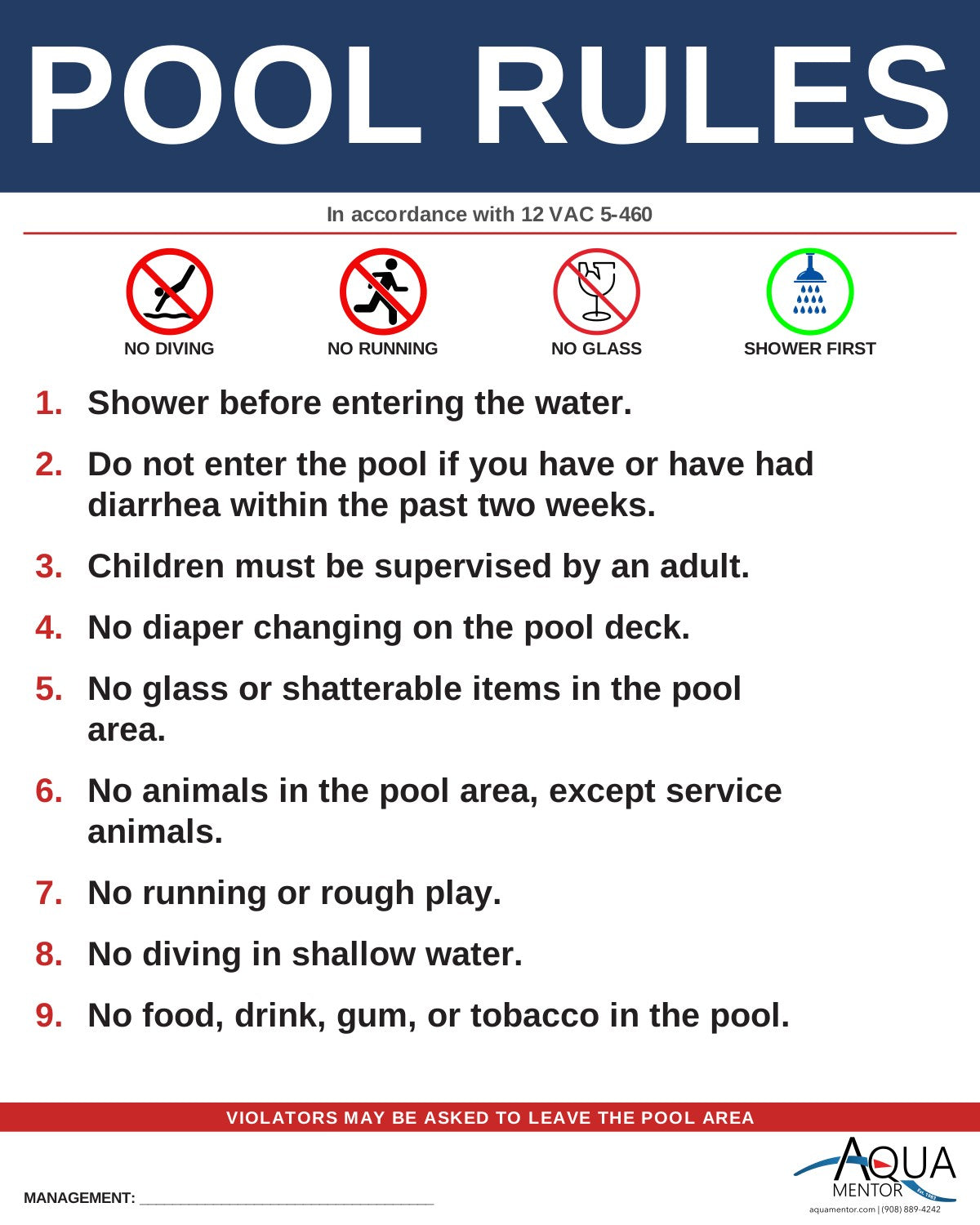 VIRGINIA Pool Rules Sign - 12 VAC 5-460 (Tourist Establishment Swimming Pools)