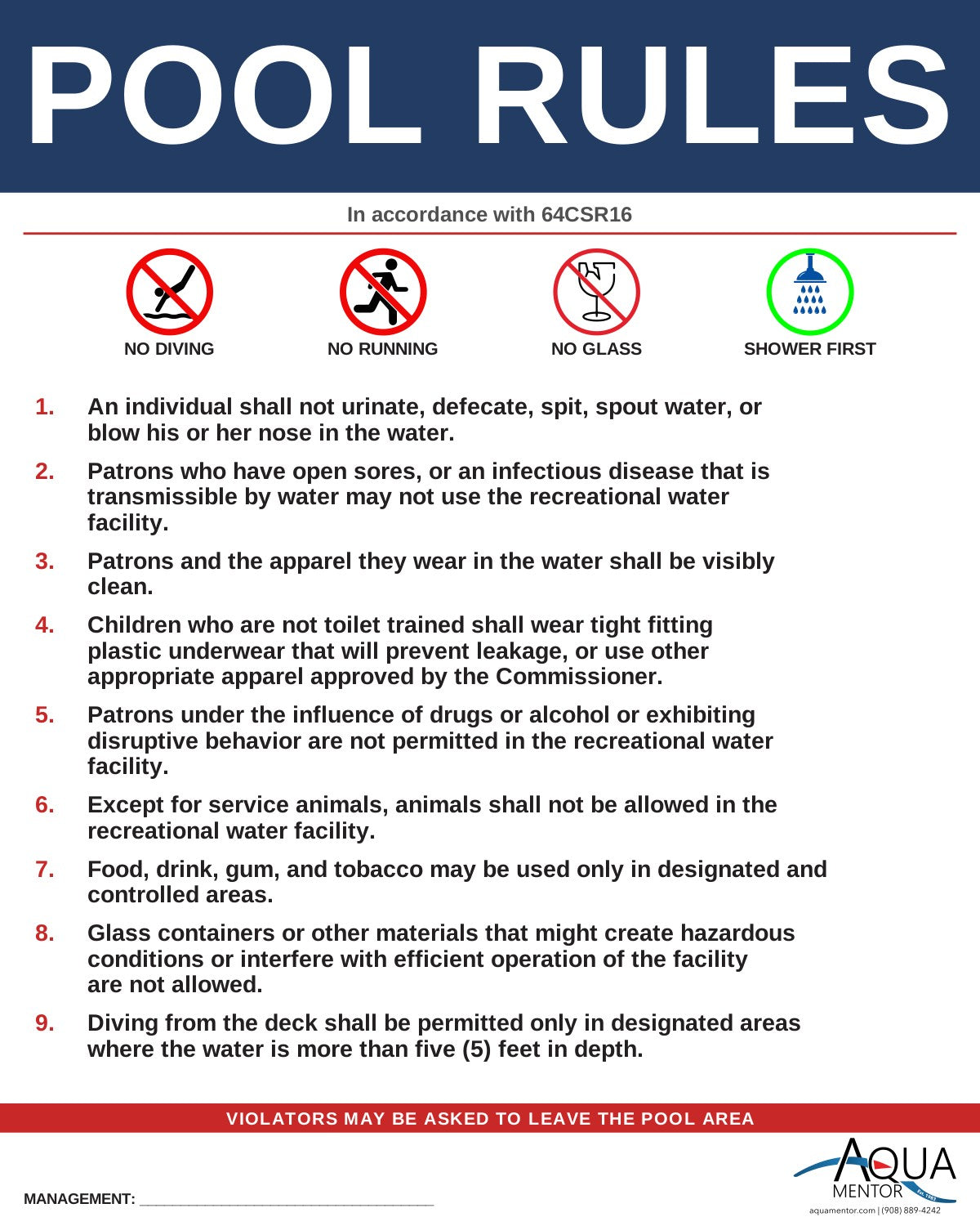 WEST VIRGINIA Pool Rules Sign - 64CSR16 (Recreational Water Facilities)