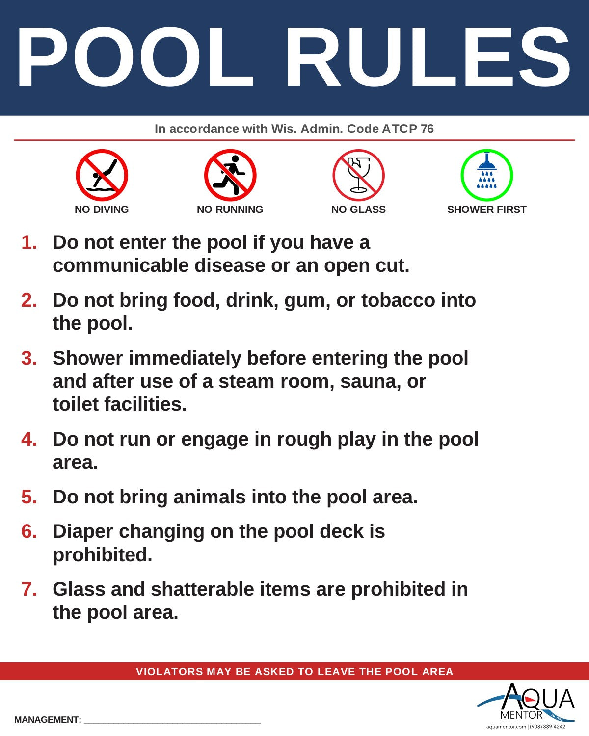 WISCONSIN Pool Rules Sign - Wis. Admin. Code ATCP 76.23 + 76.29