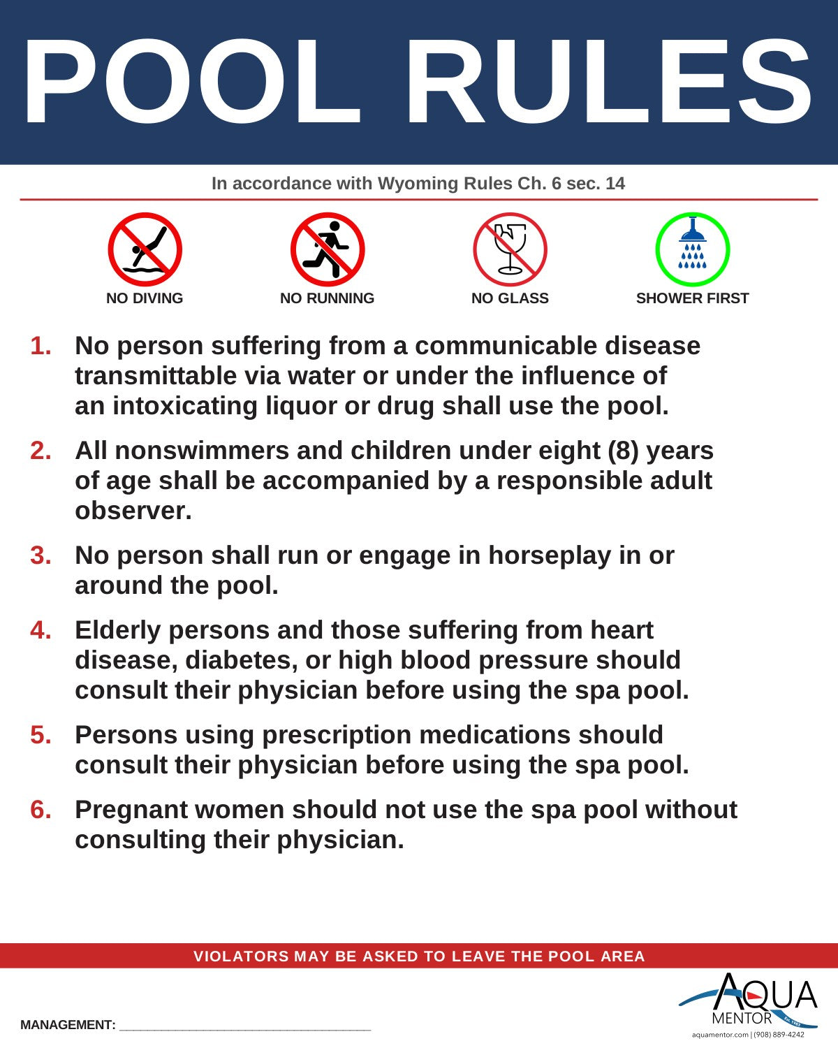 WYOMING Pool Rules Sign - WCWR 010-004-006, Ch. 6 §14 + §15