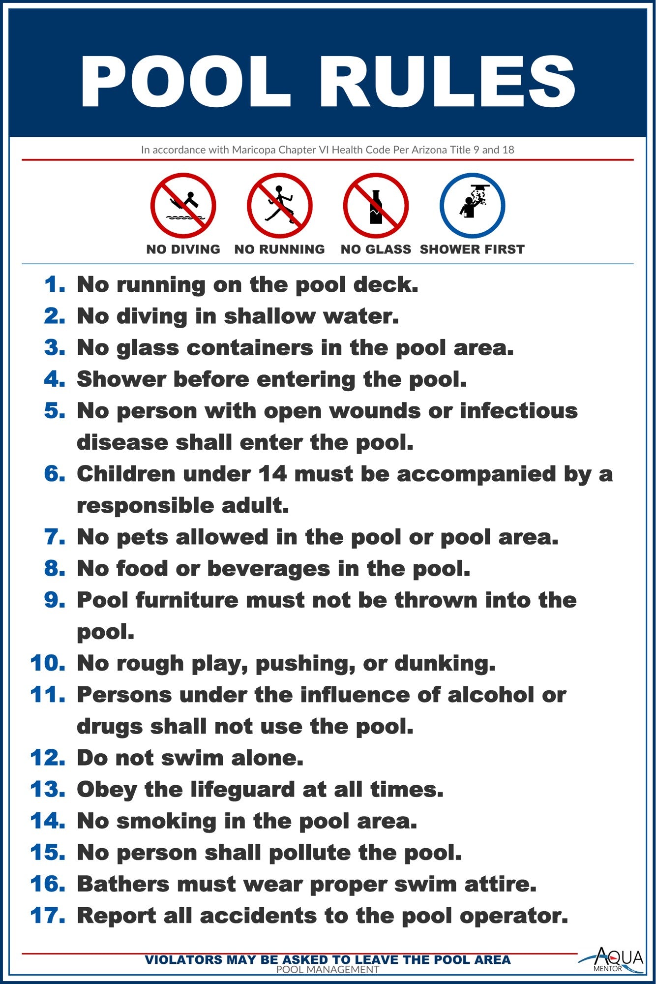Arizona Pool Rules With Graphic Sign - 12 x 18 Inches