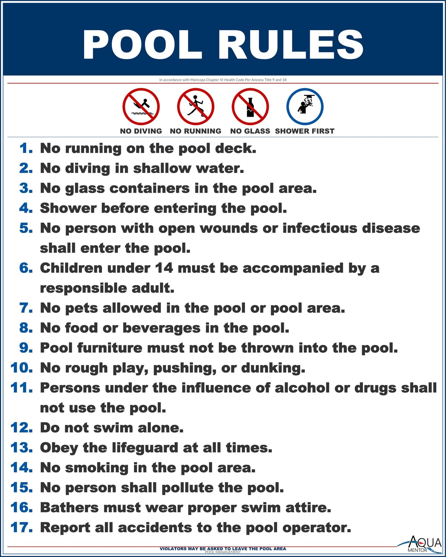 Arizona Pool Rules With Graphic Sign - 24 x 30 Inches