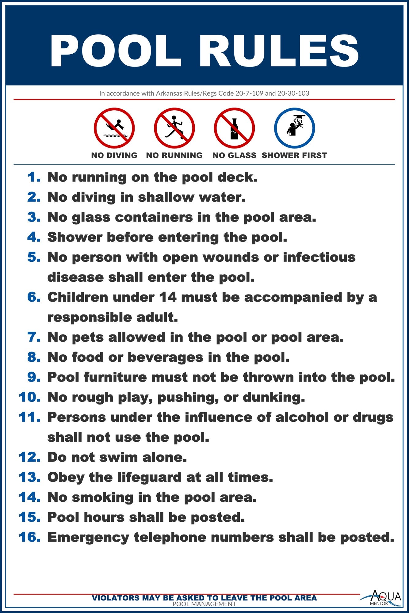 Arkansas Pool Rules With Graphic Sign - 12 x 18 Inches