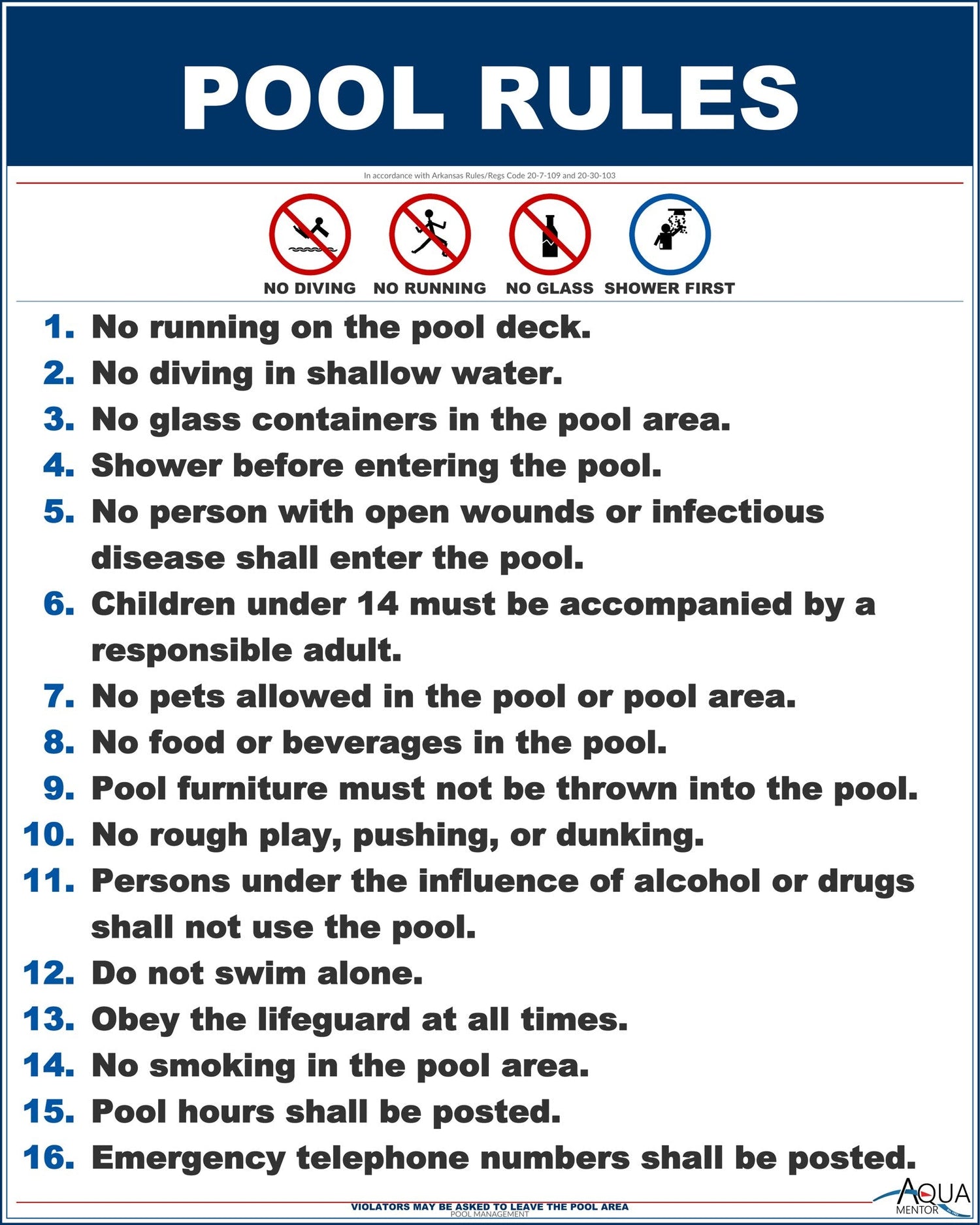 Arkansas Pool Rules With Graphic Sign - 24 x 30 Inches