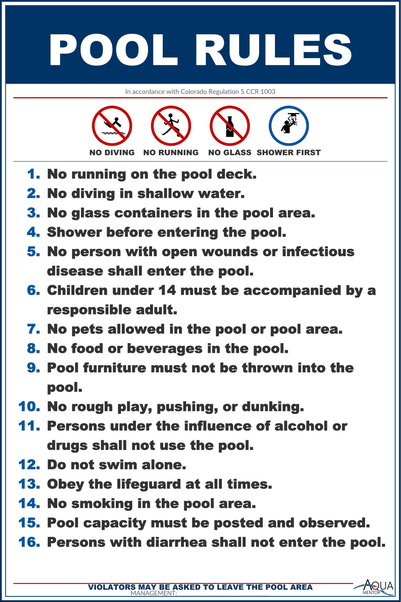 Colorado Pool Rules With Graphic Sign Customize or Leave Blank - 12 x 18 Inches