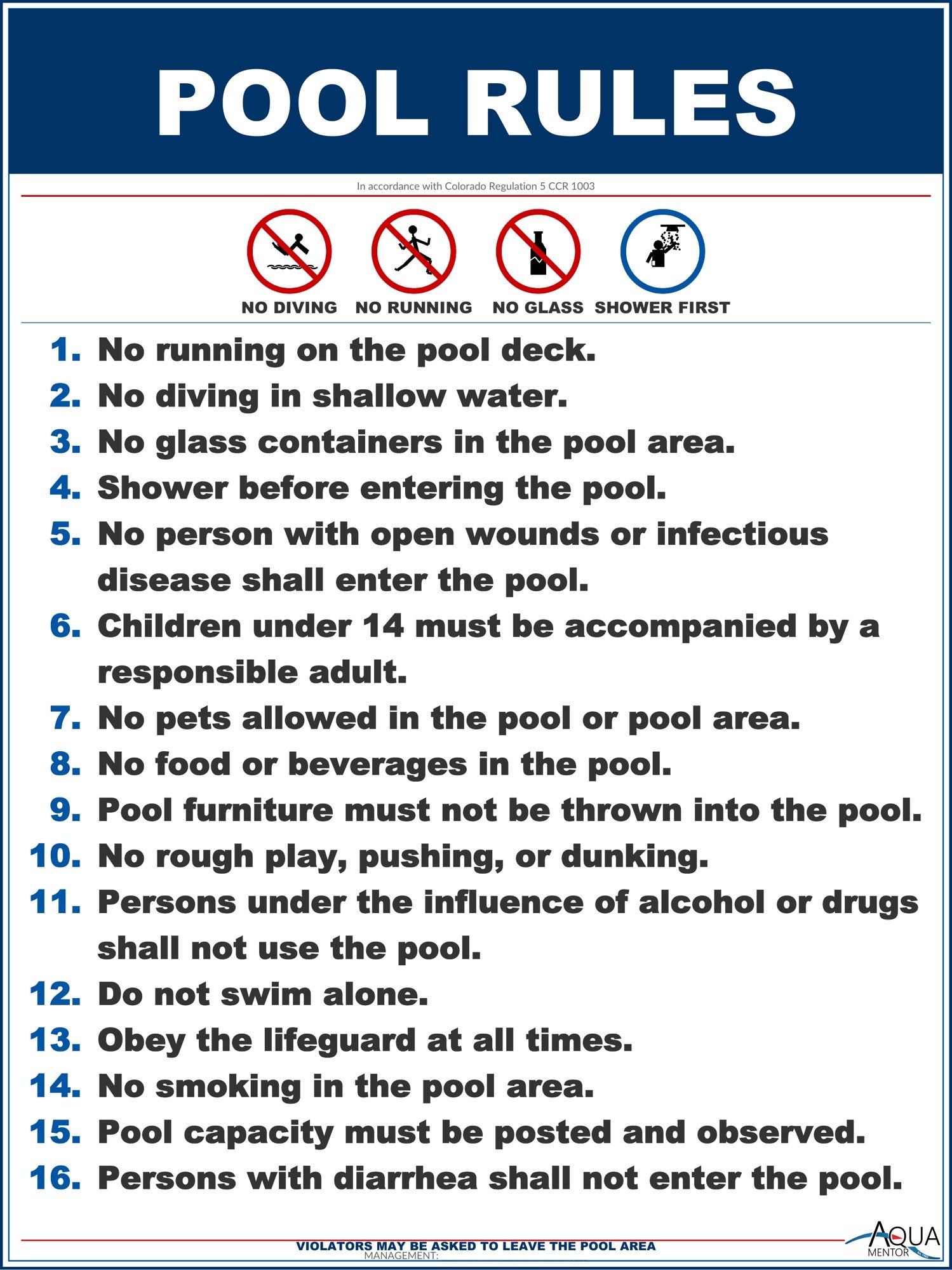 Colorado Pool Rules With Graphic Sign Customize or Leave Blank - 18 x 24 Inches