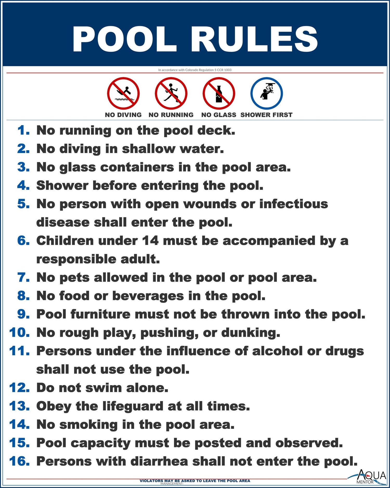 Colorado Pool Rules With Graphic Sign Customize or Leave Blank - 24 x 30 Inches