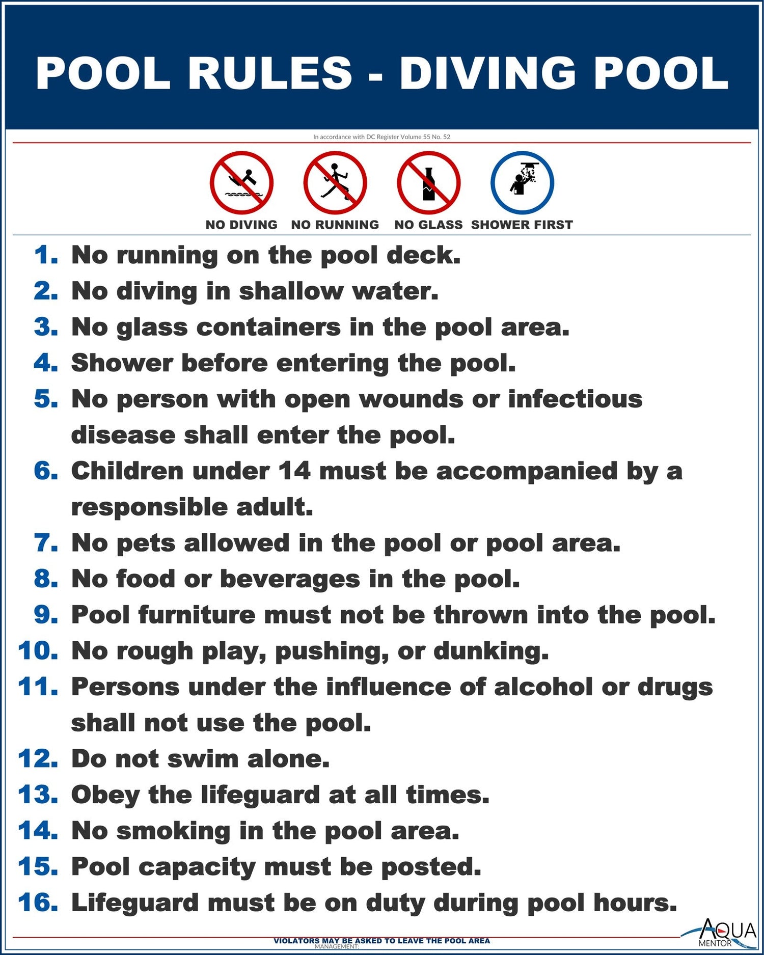 District of Columbia Pool Rules for Diving Pools Sign Customize or Leave Blank - 24 x 30 Inches