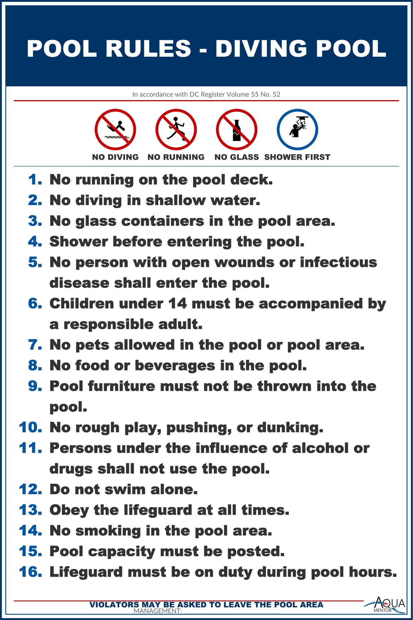 District of Columbia Pool Rules for No Diving Pools Sign Customize or Leave Blank - 12 x 18 Inches