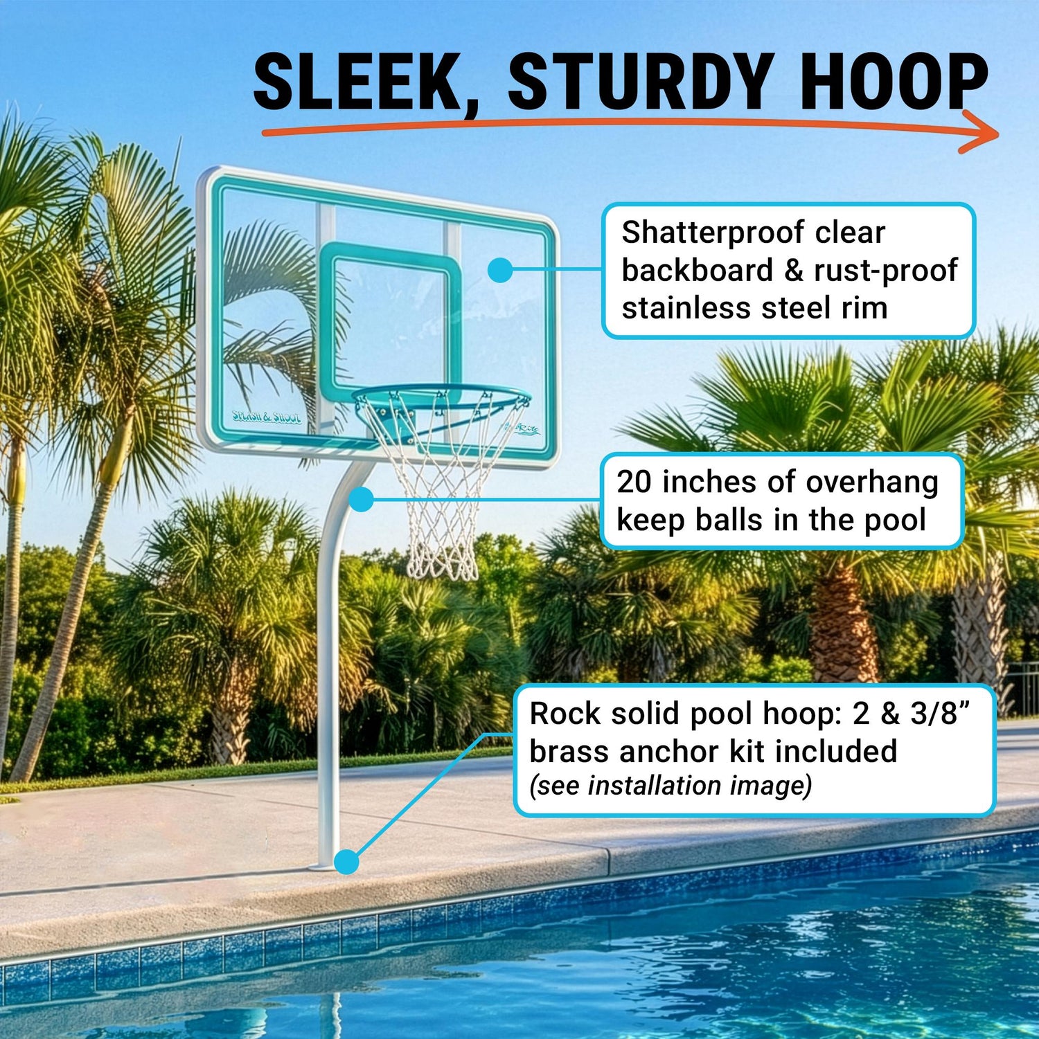 Deck Shoot Deck-Mounted Pool Basketball Hoop, Clear (2 & 3/8