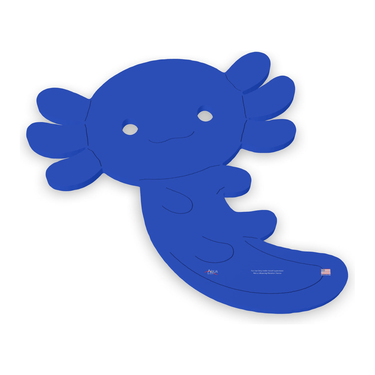 Alex the Axolotl foam floating mat, top view with engraved details and through-cut eyes
