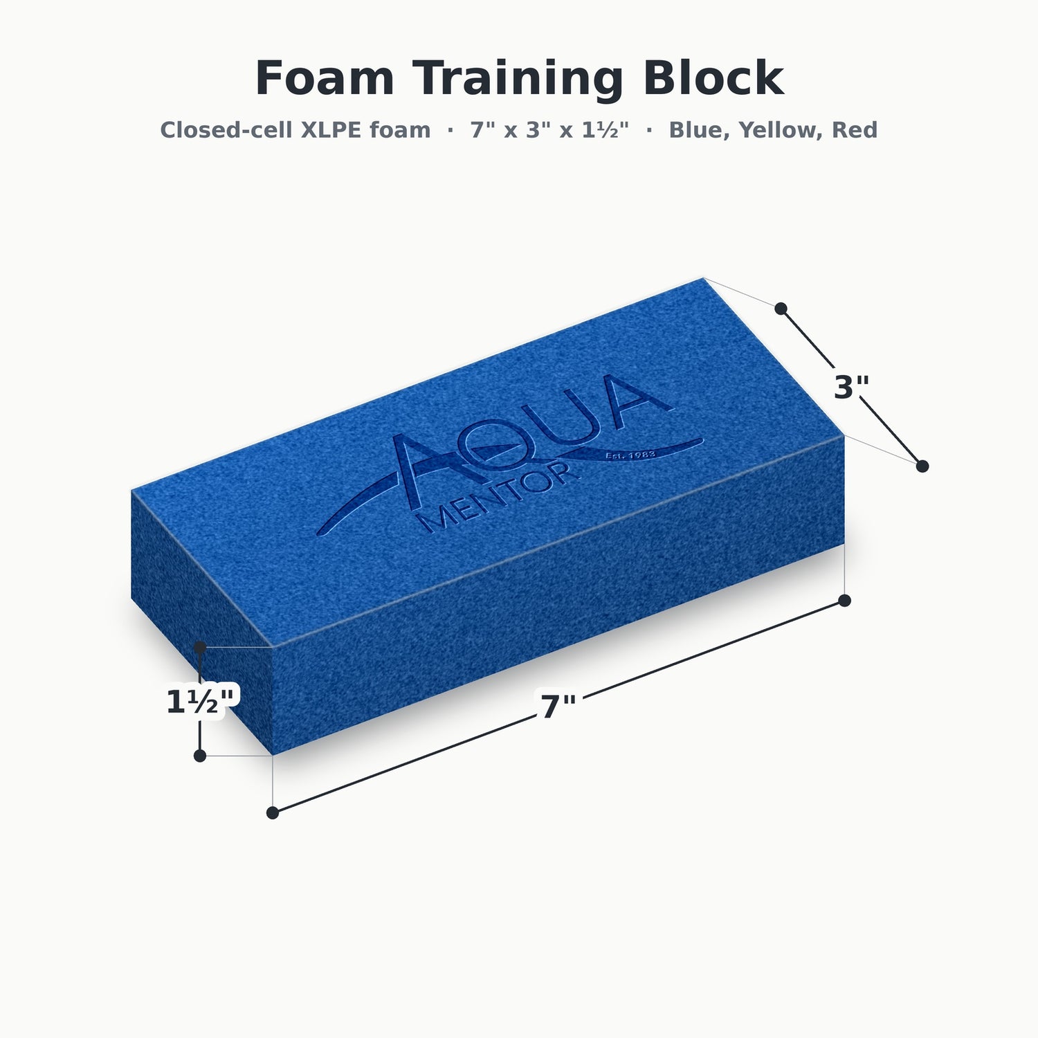 Dimension diagram of the Aquamentor foam training block: 7 inches long, 3 inches wide, 1.5 inches thick