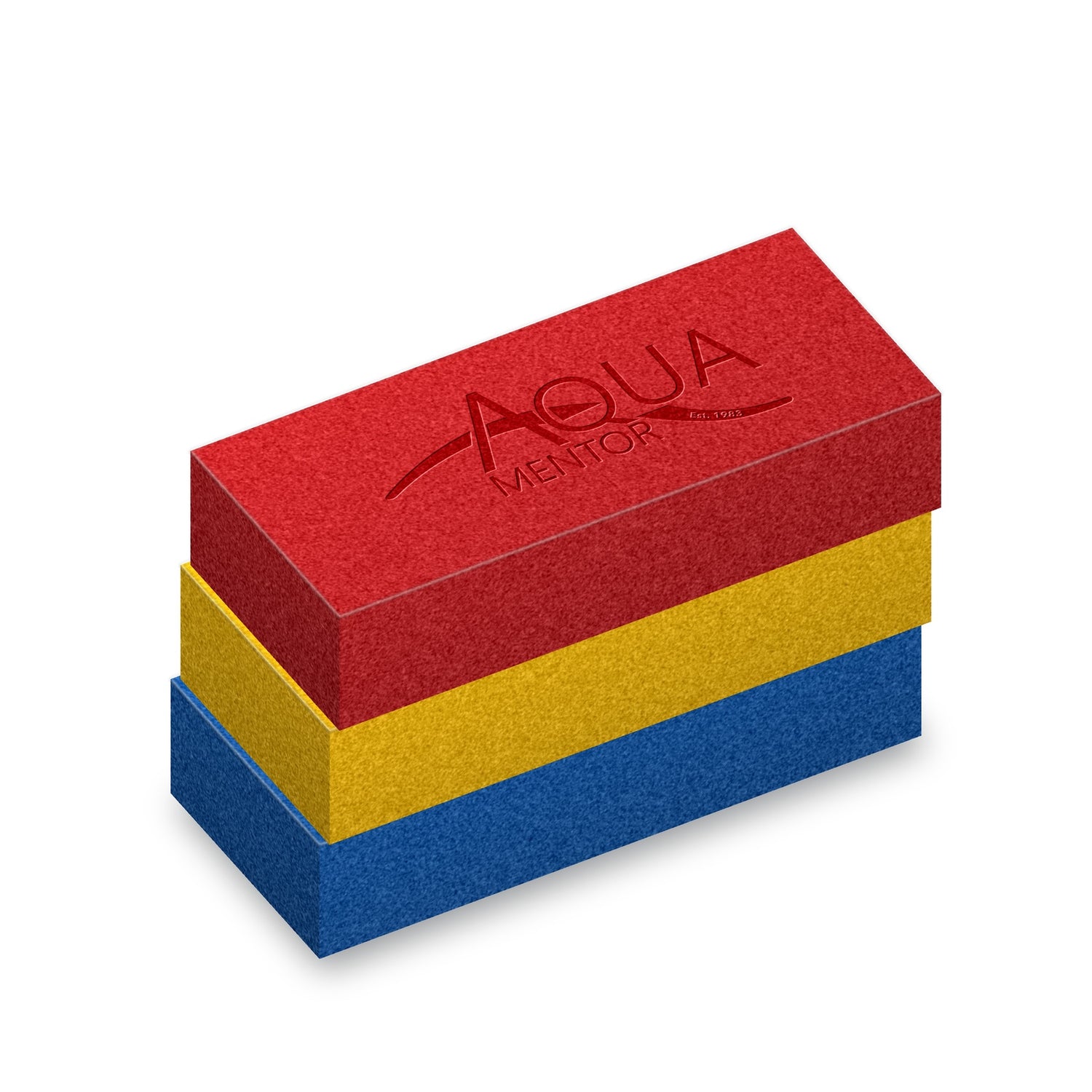 Three Aquamentor foam training blocks stacked, blue, yellow and red
