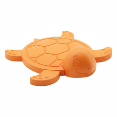 Orange turtle-shaped foam floating mat, product photo, vibrant orange color, polyethylene foam swim training mat shaped like a cute cartoon turtle