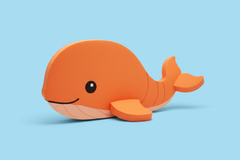 Orange whale-shaped foam floating mat on light blue background, product photo, cute cartoon whale, vibrant orange color, polyethylene foam swim training mat