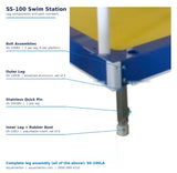 SS-100 Swim Station leg components labeled with part numbers: SS-100BA bolt assemblies, SS-100LB outer leg, SS-100QPL stainless quick pin, SS-100LI inner leg with rubber boot