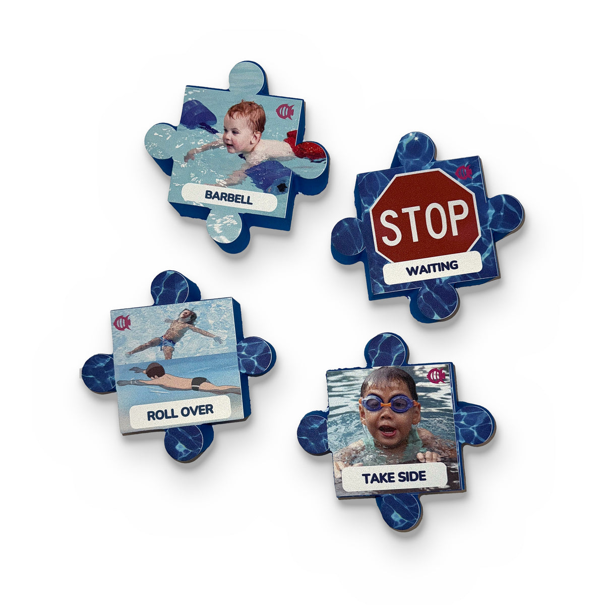 Swim Angelfish puzzle pieces: barbell, stop, roll over, take side