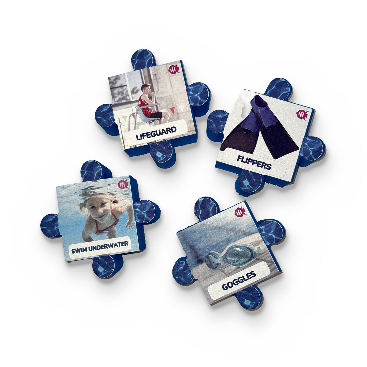 Swim Angelfish puzzle pieces: lifeguard, flippers, swim underwater, goggles