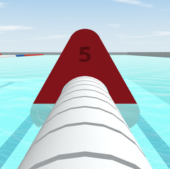 Face view of the 6 inch water polo marker looking down the lane line, 5 m numeral